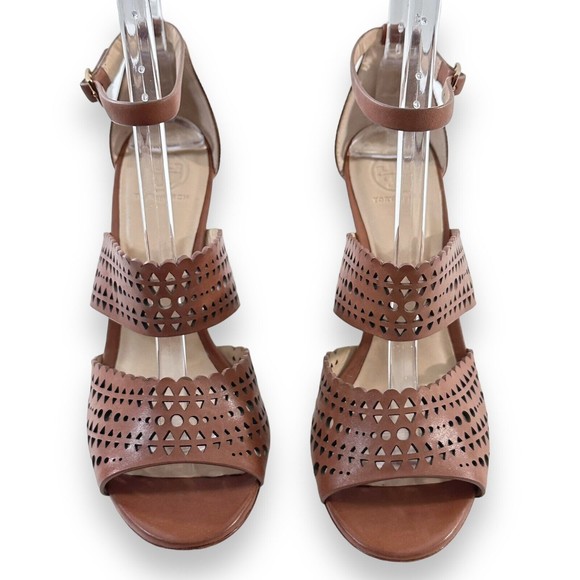 Tory Burch Dress Sandal 8.5 Shoe Brown Leather Gladiator Wedge Heel Perforated - Picture 4 of 9